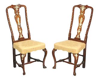 Pair Dutch Queen Anne Ivory Inlaid Side Chairs