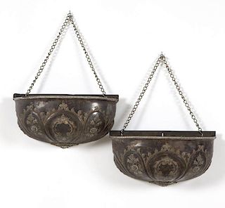 A pair of English silver-plated wall jardinieres