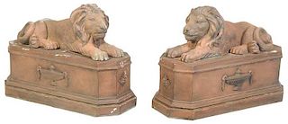 Pair Recumbent Lion Statuary on Plinths