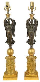 Pair Empire Style Parcel Gilt Bronze Lamps