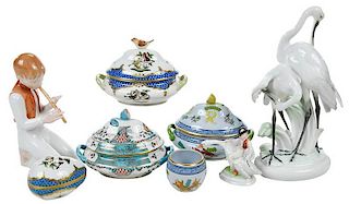 Eight Herend Porcelain Table Objects, Two Signed