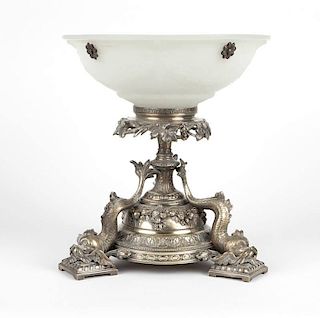 A silvered metal and frosted glass centerpiece bowl