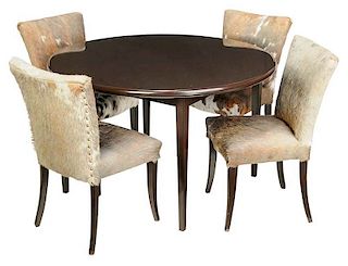 Round Lacquer Table and Four Cowhide Side Chairs