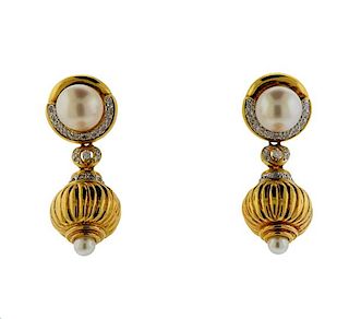 18k Gold Diamond Pearl Earrings 
