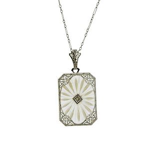 Art Deco 14k Gold Frosted Crystal Diamond Pendant Necklace 