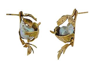 14k Gold Pearl Bird Earrings 