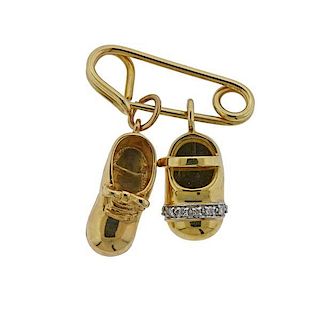 14k Gold Diamond Baby Shoe Charm Safety Pin Brooch