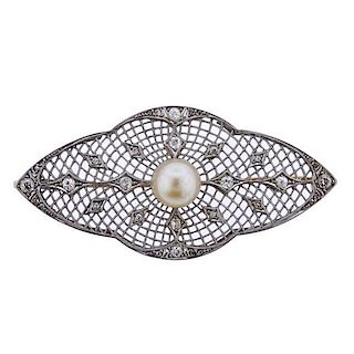 Art Deco Filigree Platinum Diamond Pearl Brooch