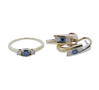 14k Gold Blue White Diamond Earrings Ring Set