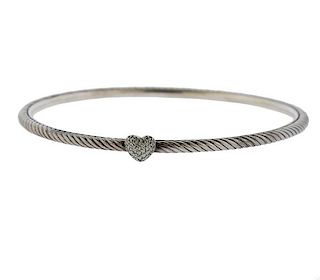 David Yurman Sterling Silver Diamond Heart Bangle Bracelet