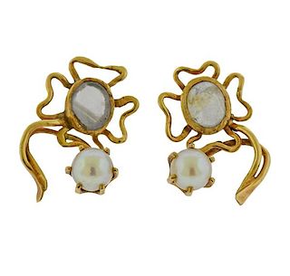 14k Gold Blue Stone Pearl Earrings