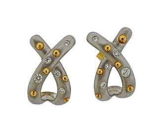 18K Gold Platinum Diamond X Earrings