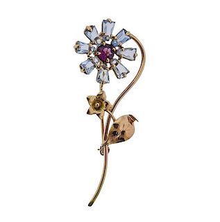 Retro 14K Gold Color Stone Flower Brooch Pin