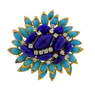 18K Gold  Diamond Lapis Turquoise Brooch Pin
