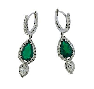 18K Gold Diamond Green Stone Drop Earrings