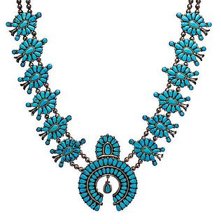 Warren Ondelacy (Zuni, 1895-1972) Attributed Cluster Turquoise Squash Blossom Necklace 