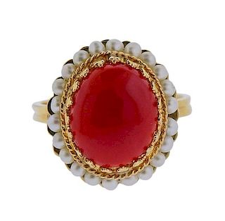 14K Gold Red Stone Pearl Ring 