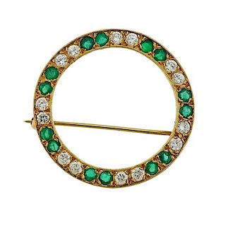 14K Gold Diamond Green Stone Circle Brooch Pin
