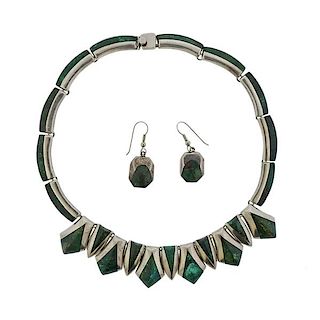 Mexican Taxco Sterling Silver Green Stone Necklace Earrings Set