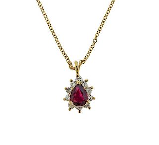 Tiffany &amp; Co 18K Gold Diamond Red Stone Pendant Necklace