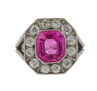 Antique Platinum Diamond Pink Stone Ring
