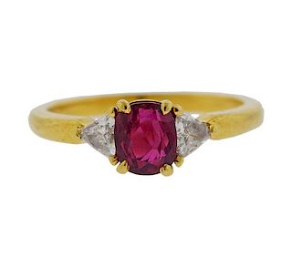 Tiffany &amp; Co 18K Gold Diamond Red Stone Ring
