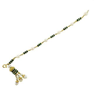 18K Gold Pearl Green Enamel Tassel Bracelet