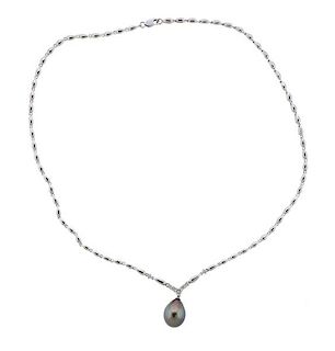 18K Gold Diamond Pearl Drop Pendant Necklace
