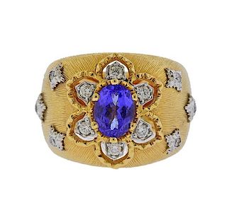 18K Gold Diamond Purple Stone Wide Ring