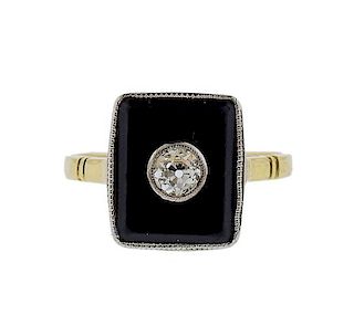 Art Deco 18k Gold Onyx Diamond Ring 