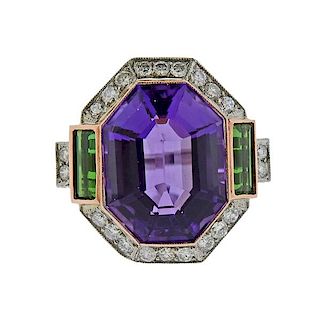 18k Gold Platinum 19ct Amethyst Tourmaline Diamond Ring 
