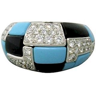 Georland France 18K Gold Diamond Turquoise Onyx Dome Ring