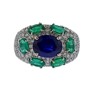 18K Gold Diamond 3.08ct Sapphire Emerald Dome Ring