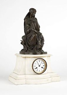 A marble and patinated bronze figural mantle clock
