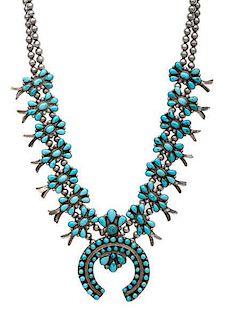 Navajo Silver and Turquoise Squash Blossom Necklace 