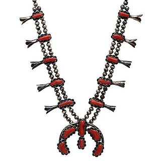 Navajo Squash Blossom Necklace with Baroque Coral 