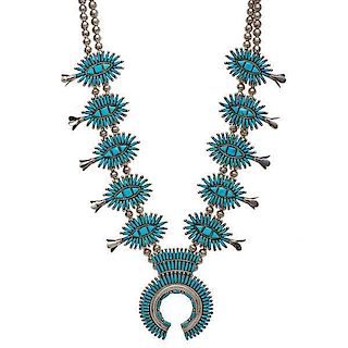Navajo Turquoise Needlepoint Squash Blossom Necklace 