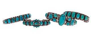 Navajo Silver and Turquoise Cluster and Row Bracelets  