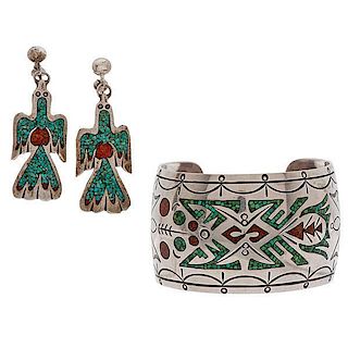 Tommy Singer (Navajo, 1940-2014) Chip Inlay Earrings and Ronnie Hurley (Navajo, 20th century) Bracelet 