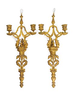 A Pair of Neoclassical Gilt Bronze Two-Light Sconces