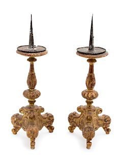 A Pair of Italian Giltwood Prickets