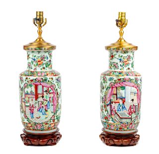 A Pair of Chinese Export Famille Rose Porcelain Jars Mounted as Lamps