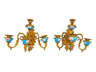 A Pair of Sèvres Style Porcelain and Gilt Bronze Four-Light Sconces