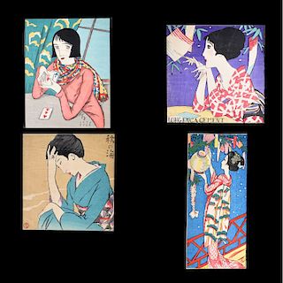 4 Japanese Art Deco Watercolors