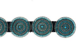 Ray & Eva Wyaco (Zuni, 20th century) Turquoise Needlepoint Concha Belt 