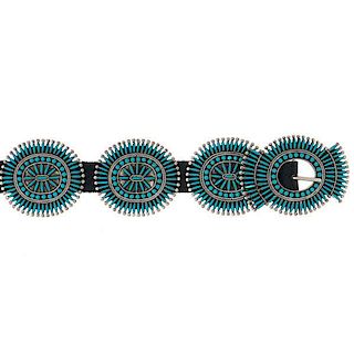 P. & V. Byjoe (Navajo, 20th century) Turquoise Needlepoint Concha Belt 