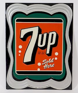 Stout Sign Co. 7 Up Sold Here Tin Advertising Sign