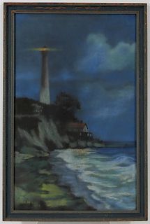 1925 American Pastel Lighthouse Seascape Painting