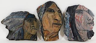 3PC Native American Slate Stone Portrait Paintings