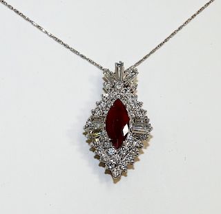 14K White Gold Ruby & Diamond Pendent Necklace